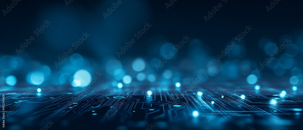 Poster abstract electronic circuit surface with deep blue glowing lights. digital motherboard information d