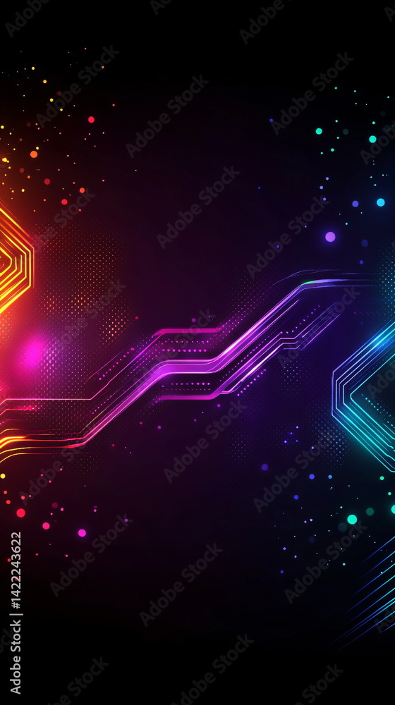 Poster digital circuit board pattern with colorful light and dots effect on dark background. technology and