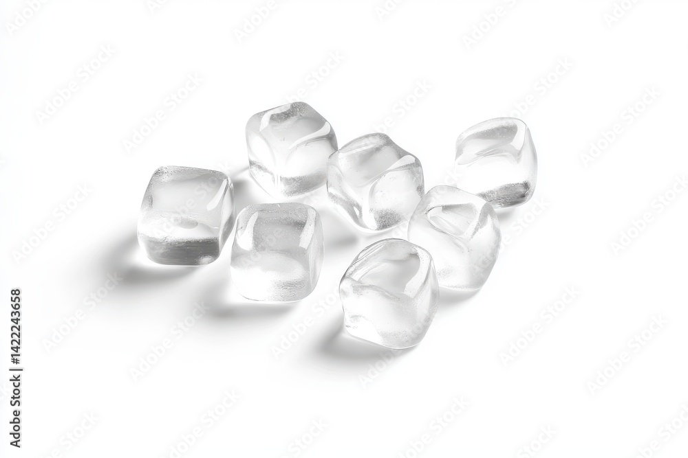 Poster close up of ice cubes scattered on a white surface creating a cool and refreshing minimalist scene a