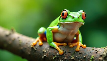 Green tree frog perched on white, vibrant details, eyes, clean background, legs