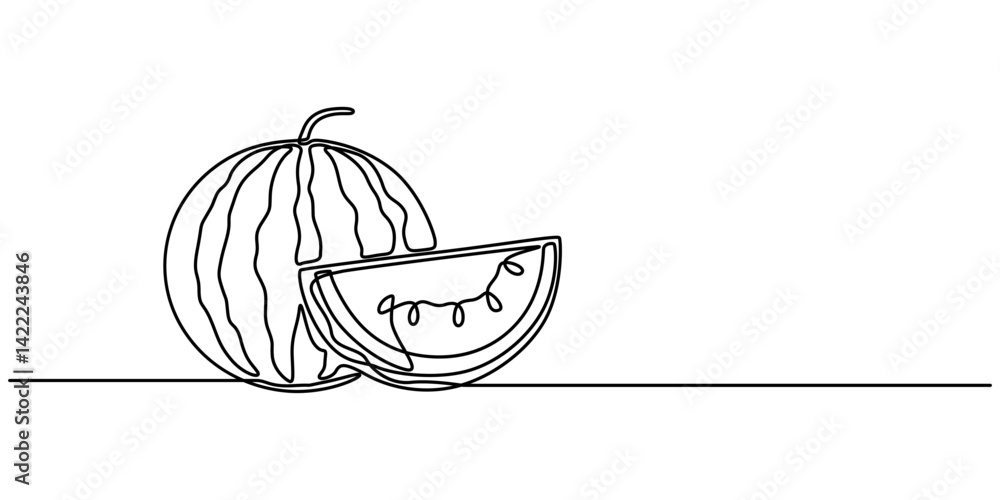 Aufkleber watermelon drawing by one continuous line, on abstract background vector, one continuous line drawin