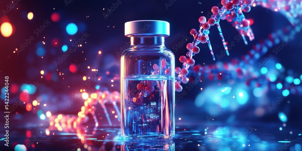 Poster vaccine vial surrounded by dna strands and colorful bokeh lights in scientific setting