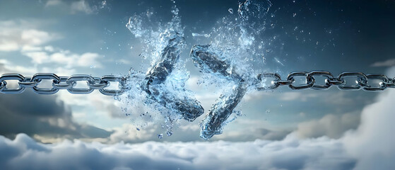 A chain breaks apart water exploding. Suggests breaking free from constraints. Use it for inspirational quotes motivation or symbolizing liberation.