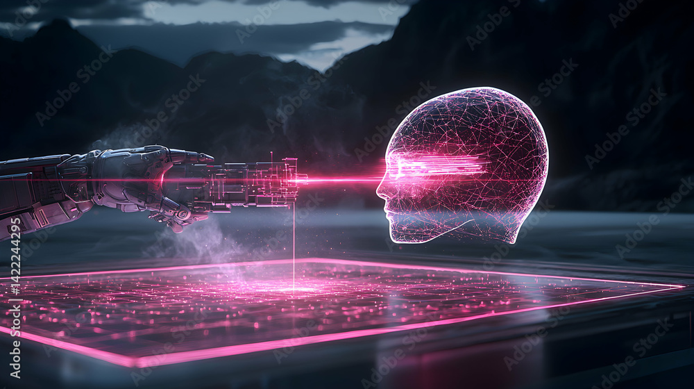 Poster a futuristic image showcasing a robotic arm interacting with a digital human head and a glowing plat