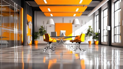 A modern office meeting room featuring sleek furniture and bright orange accents, creating a vibrant, contemporary business environment ideal for productivity.