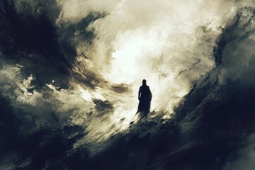 Obraz premium Silhouette of a person standing amidst clouds and light creating a dramatic and ethereal atmosphere view