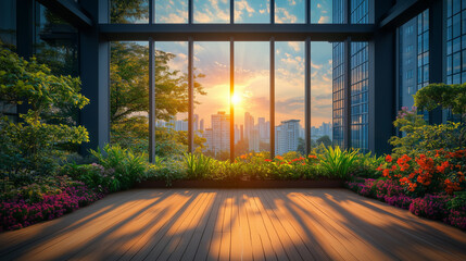 Midday sun over sustainable business center, bright vibrant plants on terraces, healthy work atmosphere