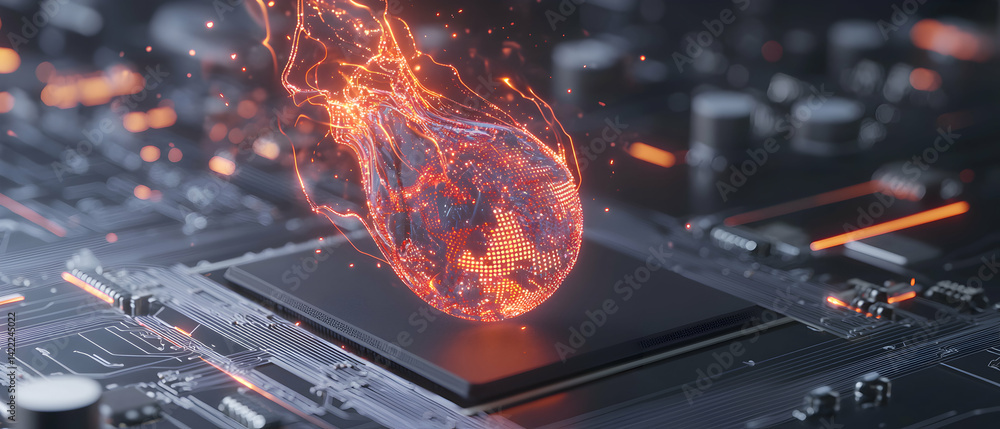 Aufkleber abstract image depicting data processing. glowing orb on a circuit board symbolizes digital network.