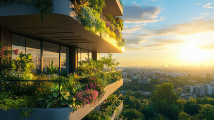 Midday sun over sustainable business center, bright vibrant plants on terraces, healthy work atmosphere