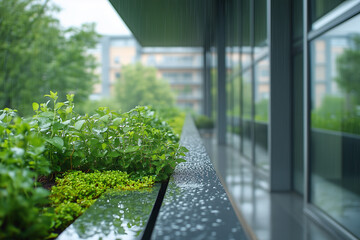 Rainy day at green office complex, wet balcony plants, reflective glass and tranquil ambiance