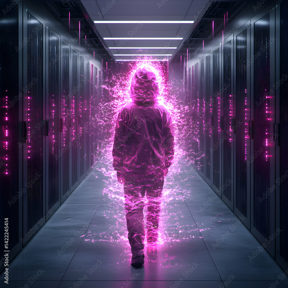 Poster a person engulfed in pink energy walks through a server room. suggesting concepts like hacking data 