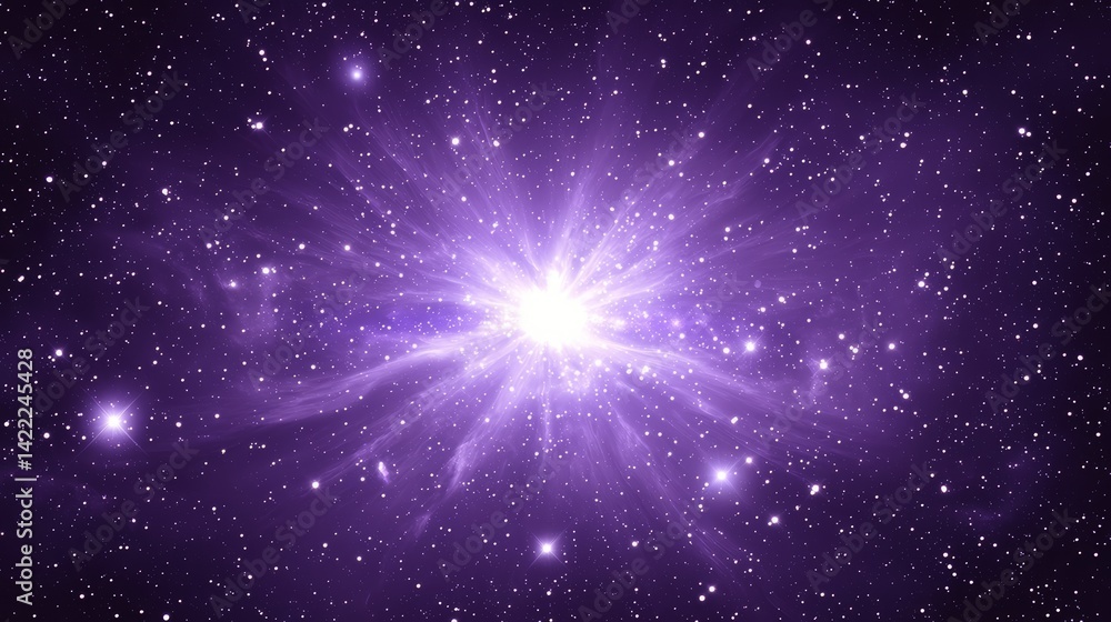Poster purple galaxy with a bright star in the center. the star is surrounded by many other stars, creating
