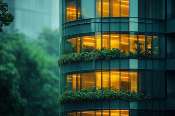 Dusk over a futuristic green corporate tower, warm lights inside, blending nature with technology