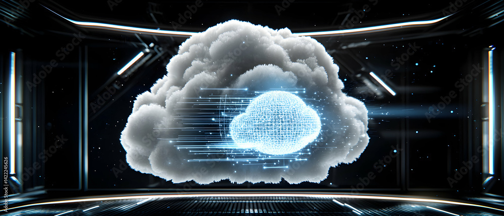 Poster a futuristic cloud computing concept. ideal for tech presentations digital art or data storage visua