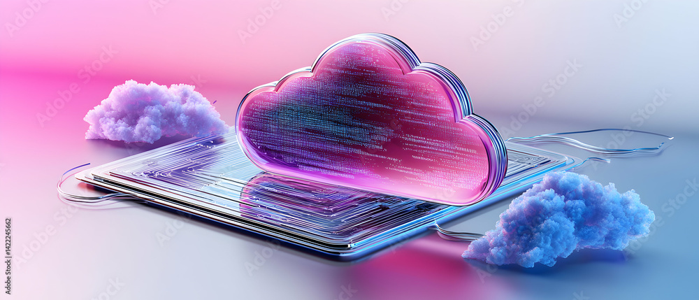 Poster a digital cloud concept with a code-filled cloud shape. suggests cloud computing data storage and ne