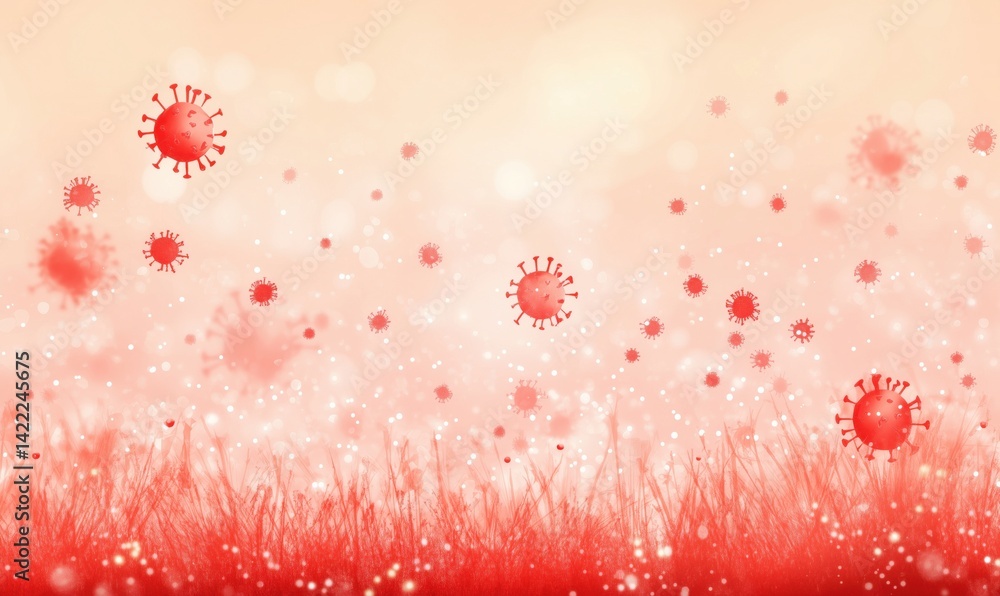 Poster red virus particles floating in a soft background with grass and bokeh effects