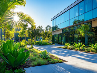 Sunny afternoon at urban green workplace, vibrant plants swaying, clear sky, eco-modern city living