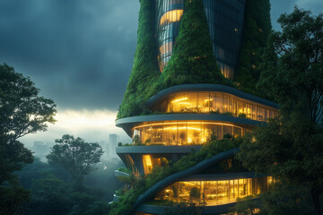 Dusk over a futuristic green corporate tower, warm lights inside, blending nature with technology