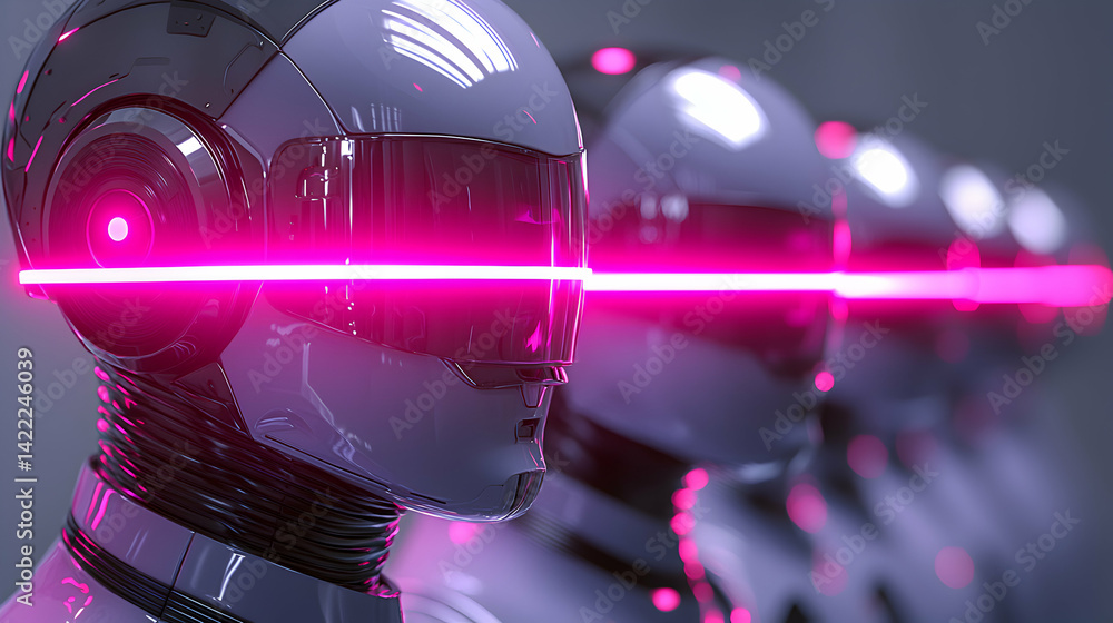 Poster futuristic robots with glowing pink laser beams. suitable for sci-fi book covers game assets or tech