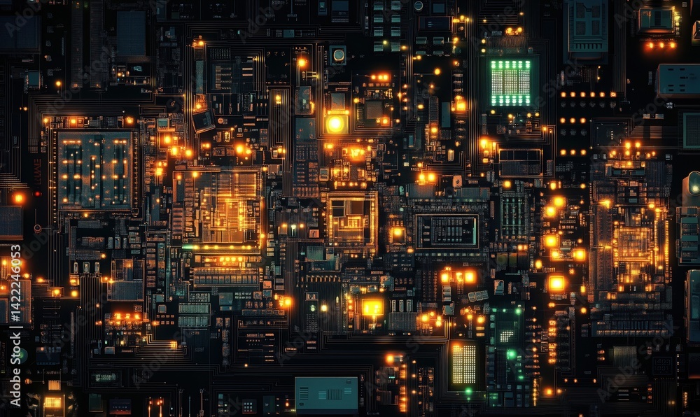 Poster abstract circuit board with glowing lights and intricate electronic components