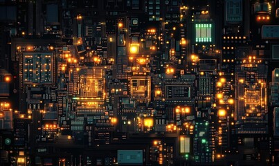 Abstract circuit board with glowing lights and intricate electronic components