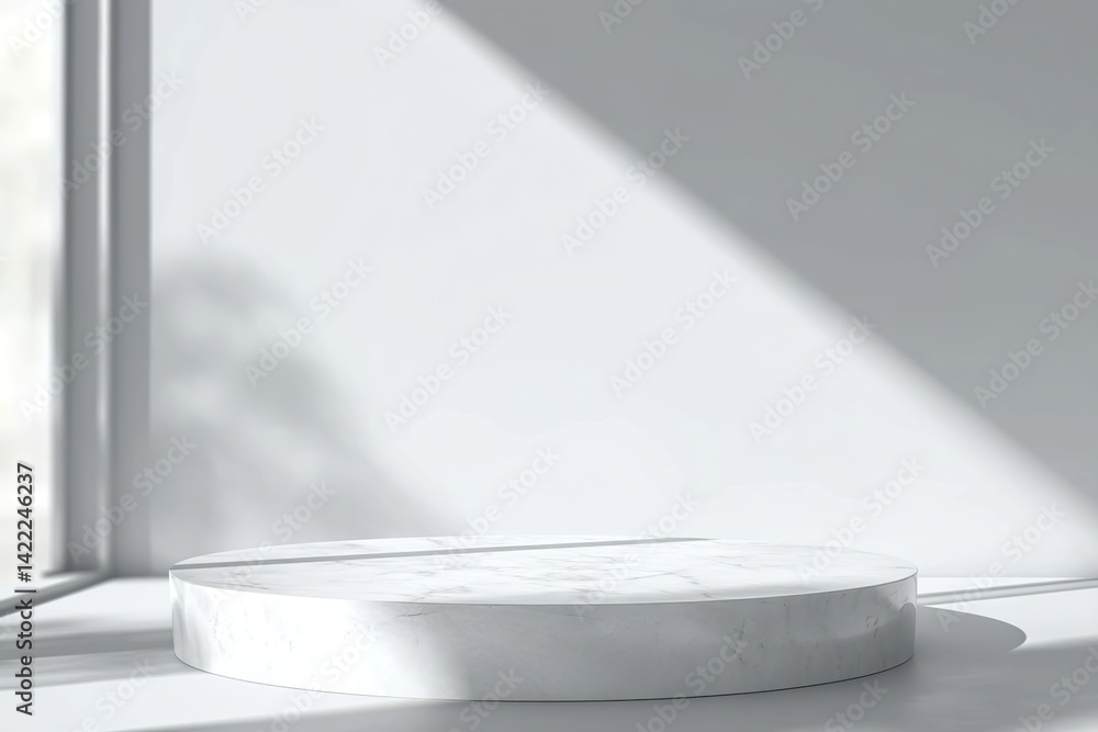 Poster empty white marble table and window shadow mockup background for product display presentation.