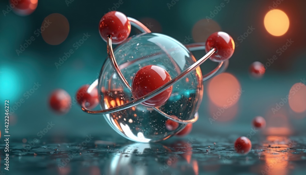 Poster atomic structure model with electrons orbiting nucleus. science concept, ai generated design. tech i