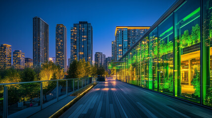 Nightscape showing glowing green architecture and illuminated terraces in downtown business district