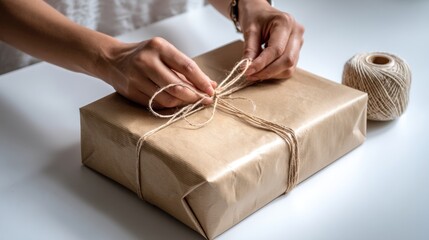 Eco friendly product packaging hands carefully wrapping a gift with brown kraft paper and twine
