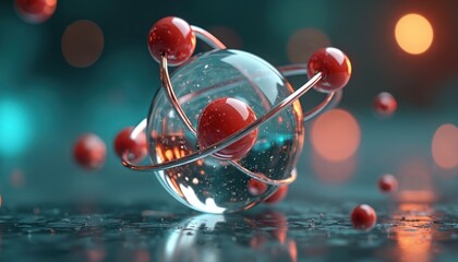 Atomic structure model with electrons orbiting nucleus. Science concept, ai generated design. Tech innovation, digital abstract illustration for future research. High quality render for science