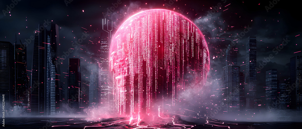 Aufkleber a futuristic cityscape is dominated by a glowing data sphere. it suggests digital transformation and