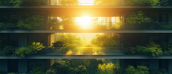 Sun filtering through trellised green balconies of an urban office building, calm and inspiring view