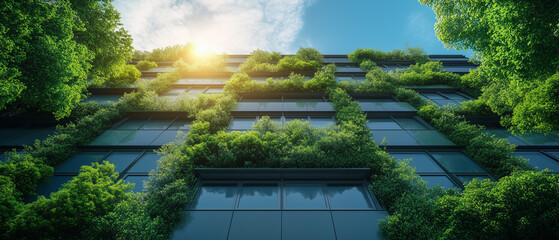 Sun filtering through trellised green balconies of an urban office building, calm and inspiring view