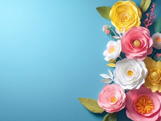 Fototapeta premium Frame made of white, pink, and yellow paper flowers on a blue background with copy space for text.