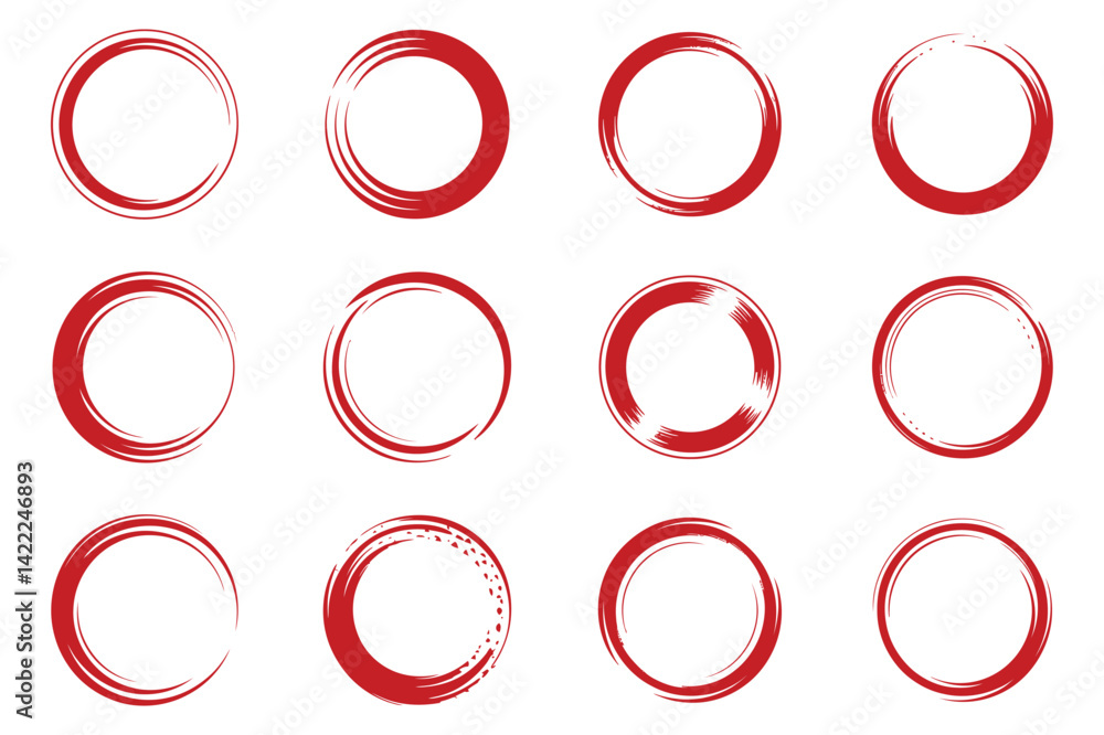 Poster red circular brush stroke frames set collection of round grunge borders isolated on white background