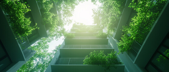 Sun filtering through trellised green balconies of an urban office building, calm and inspiring view