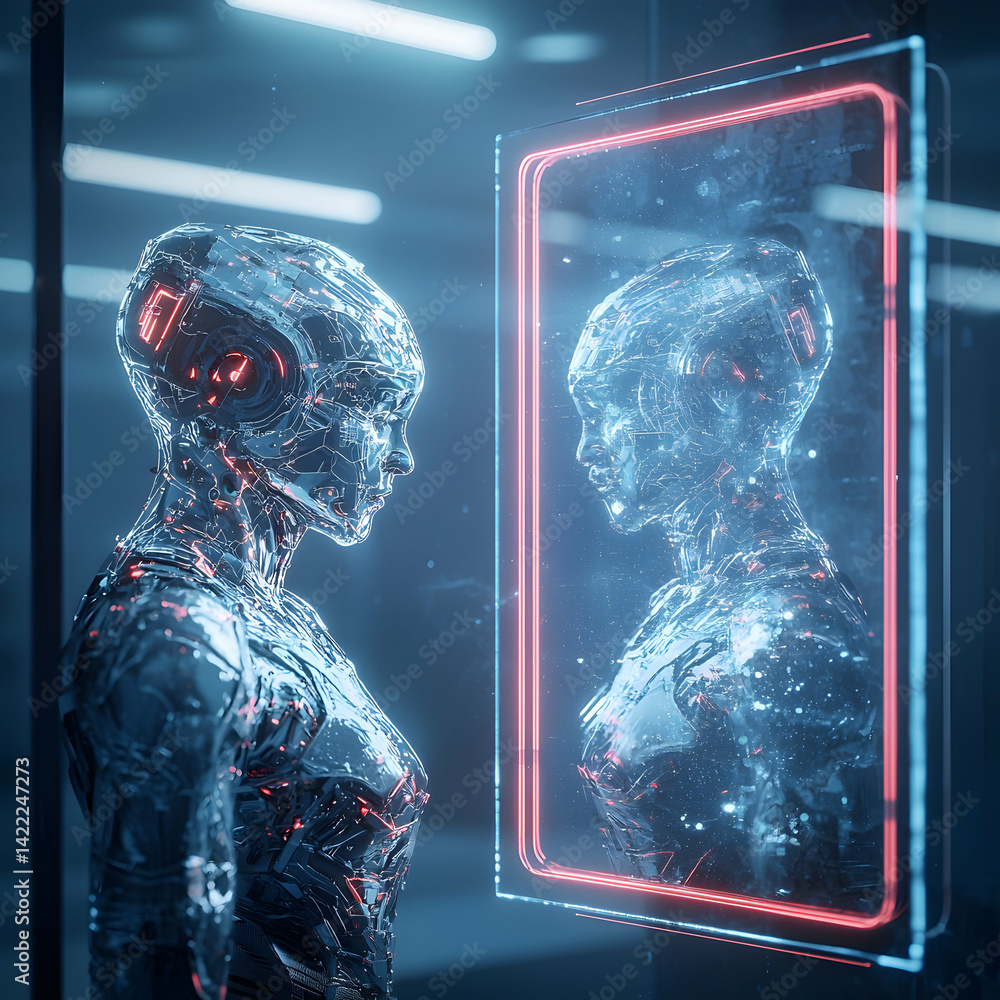 Aufkleber futuristic android gazing at a mirror image. perfect for sci-fi projects tech blogs and conceptual a