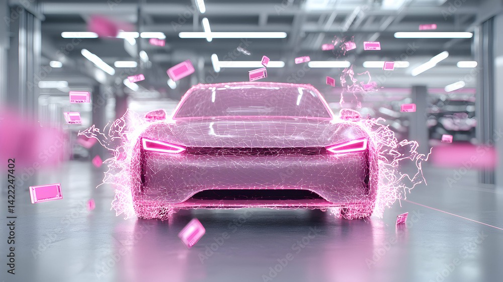 Poster a futuristic electric vehicle visualized with a digital network. it floats in a warehouse surrounded