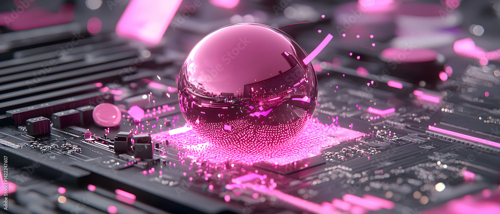 Aufkleber a futuristic digital art piece featuring a sphere reflecting a cityscape resting on a circuit board.