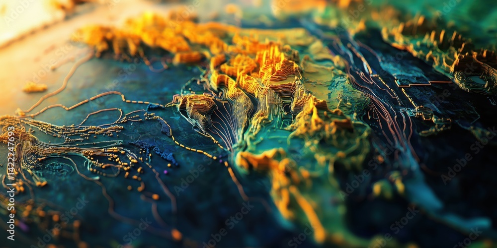 Poster 3d topographic map visualization of mountain ranges and terrain features