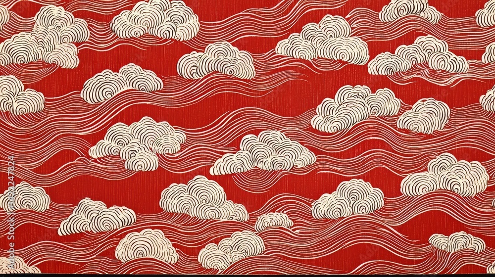 Fototapete red and white cloth with a pattern of clouds on it. the design is very intricate and detailed, with 
