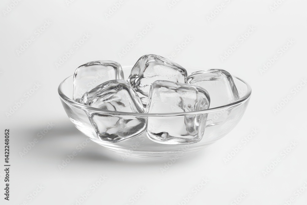 Poster a minimalist view of ice cubes in a clear glass bowl against a stark white background creating shado