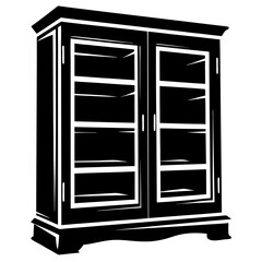 Solid black vintage bookshelf or display cabinet with glass doors and shelves