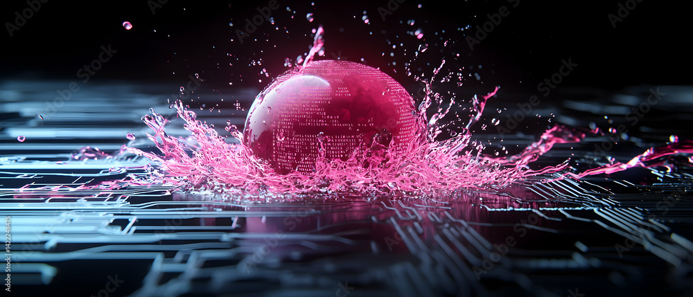 Poster a digital sphere of data bursts. pink liquid splashes across a circuit board. represents the impact 