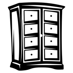 Stylized black and white illustration of a vintage dresser with eight drawers