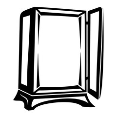 Stylized black and white illustration of an open wardrobe with elegant legs