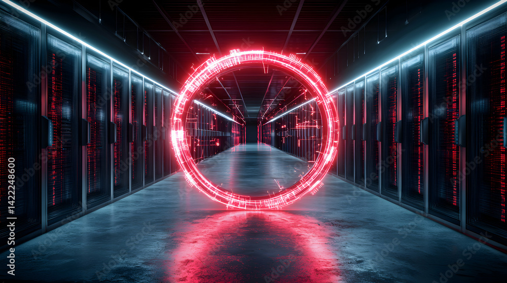 Poster a futuristic data center with a glowing red circle. suggesting advanced technology computing network