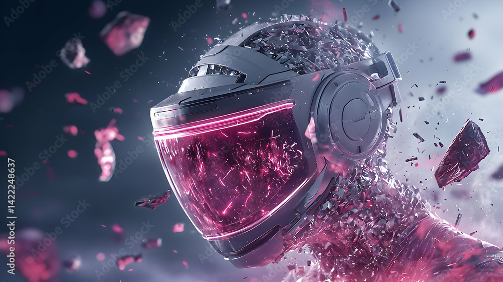 Poster futuristic headgear explodes into fragments. represents data overload or digital decay. suggests gam