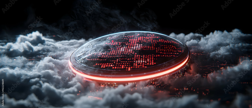 Poster a futuristic cityscape surrounded by clouds. a floating disc structure with glowing patterns hovers 