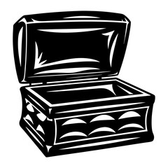 Monochrome treasure chest or container illustration with open lid and decorative elements